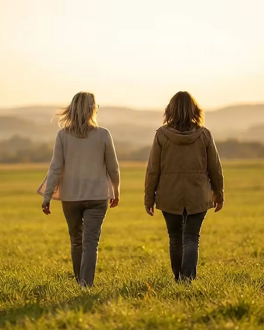 Zwei Frauen gehen im warmen Abendlicht nebeneinander ueber eine weite Wiese, von hinten gesehen